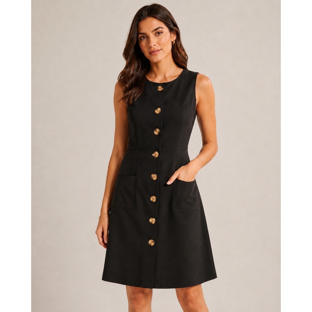 Tahari Arthur S Levine Dress Black Button Front Sleeveless Pocket Sheath Size 10